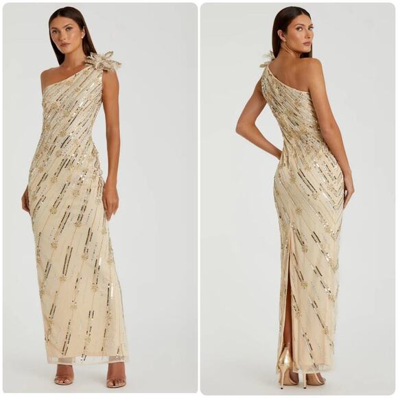 Mac Duggal Embellished Floral Detail One Shoulder Gown Nude Gold Size 10 NWT - Picture 1 of 13